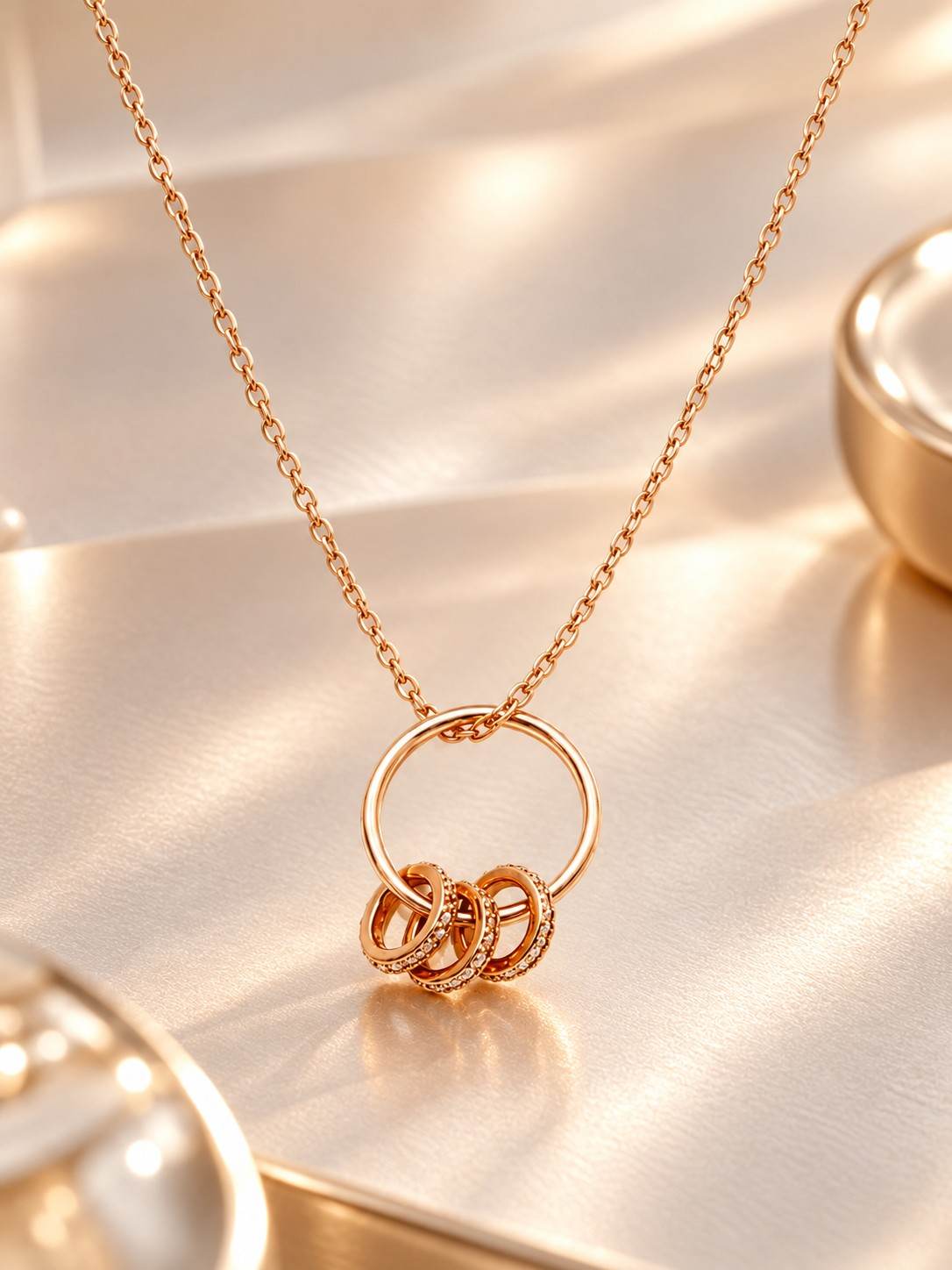 Multi-Ring Charm Hoop Rose Gold Necklace - Thumbnail 3